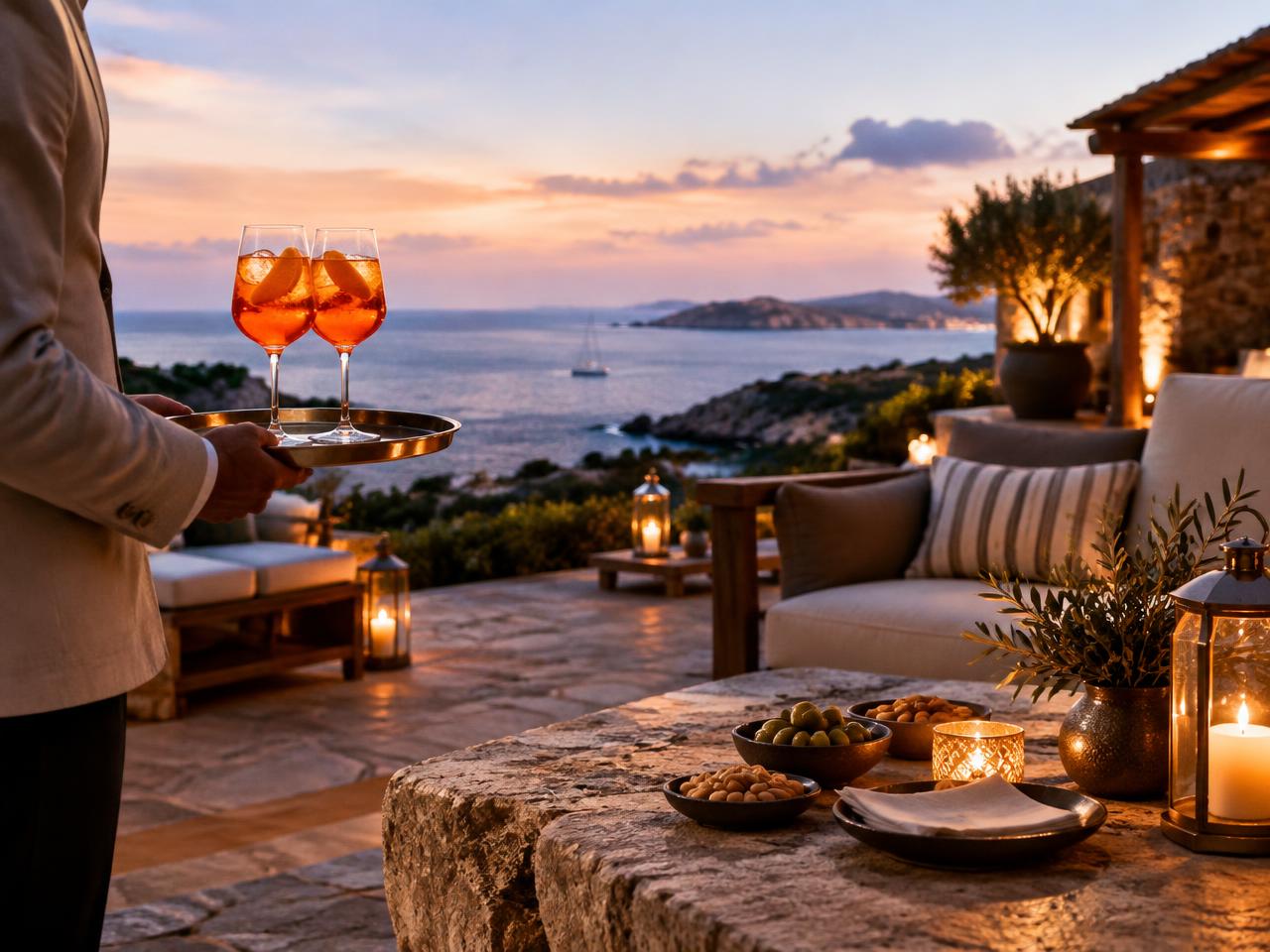 Aperitivo di benvenuto sulla terrazza di una villa al tramonto
